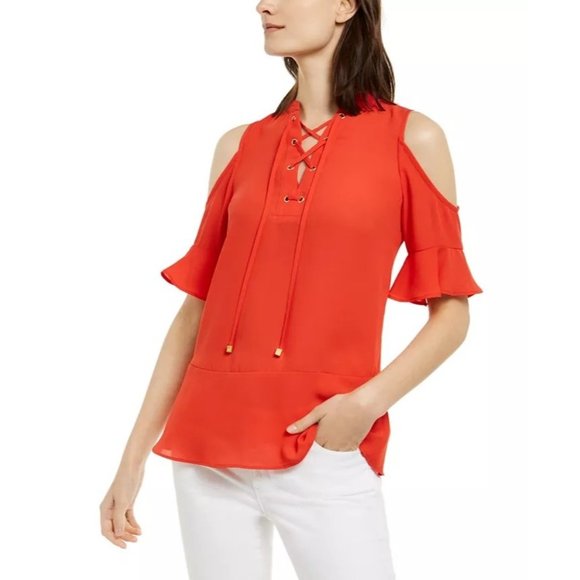 MICHAEL MICHAEL KORS Cold-Shoulder Top Dark Persimmon - Medium Petite NWOT - Picture 1 of 4